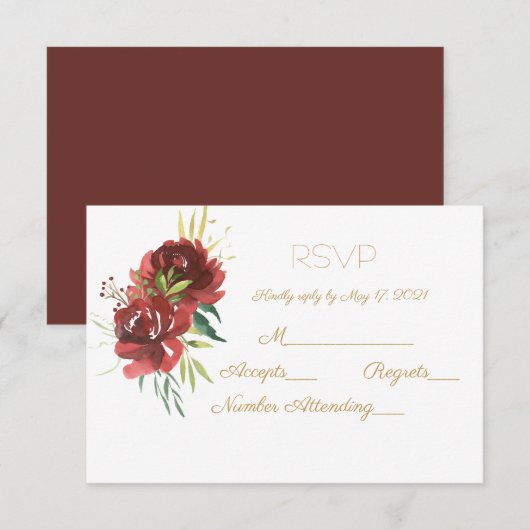 Burgundy Waterverf Rose Bouquet RSVP Kaartje (Voorkant / Achterkant)