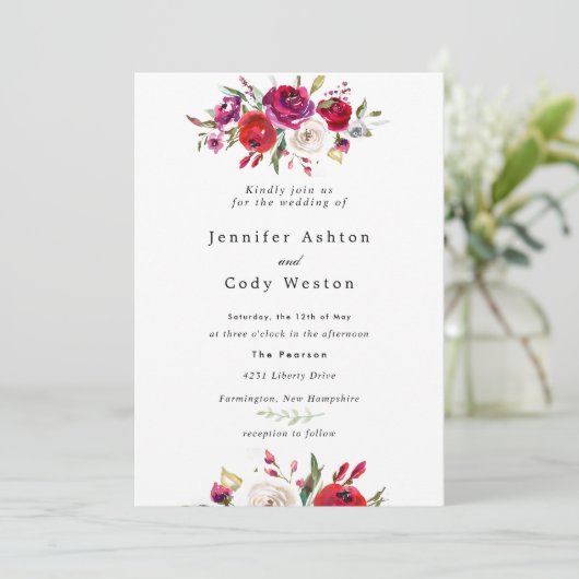 Burgundy Waterverf Rozen Weddenschap Kaart (Staand voorkant)