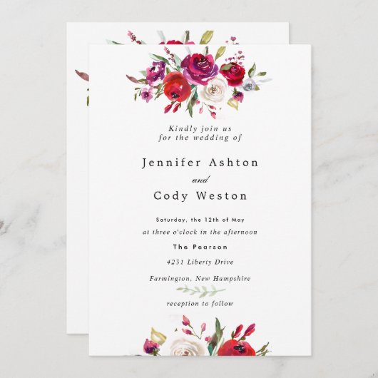 Burgundy Waterverf Rozen Weddenschap Kaart (Voorkant / Achterkant)