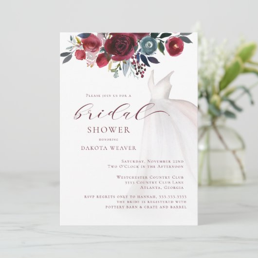 Burgundy Waterverf Wedding Dress Vrijgezellenfeest Kaart (Staand voorkant)