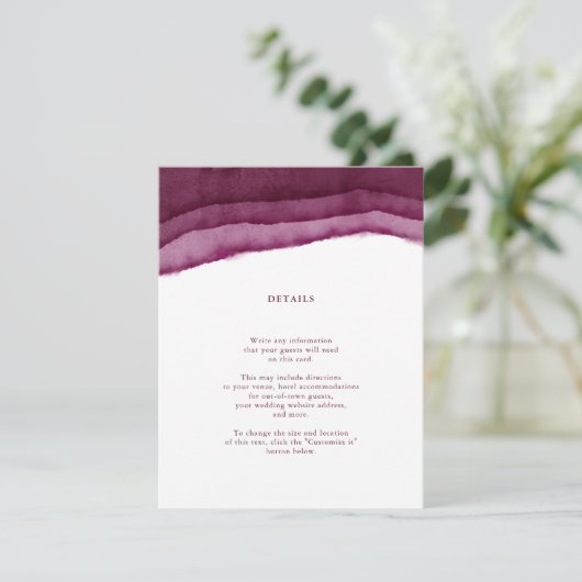 Burgundy Waterverf Wedding Insert / Directions Informatiekaartje (Staand voorkant)
