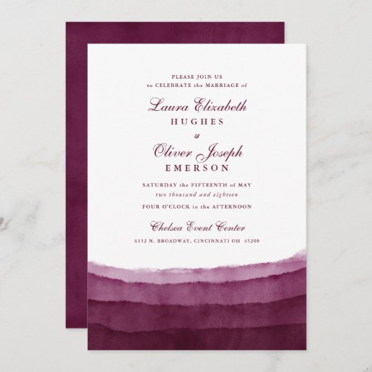 Burgundy Waterverf Wedding Invitations Kaart (Voorkant / Achterkant)