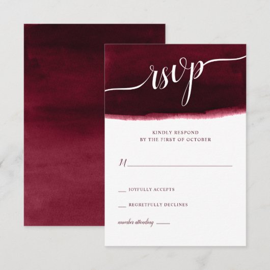 Burgundy Waterverf Wedding RSVP Kaartje (Voorkant / Achterkant)