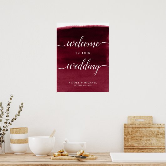 Burgundy Waterverf Wedding Welcome Sign Poster (Keuken)