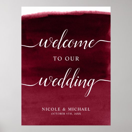 Burgundy Waterverf Wedding Welcome Sign Poster (Voorkant)