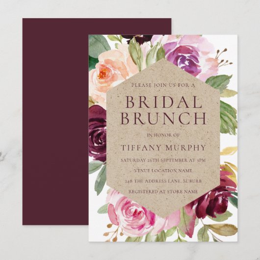 Burgundy Waterverf Wreath Vrijgezellenfeest Brunch Kaart (Voorkant / Achterkant)