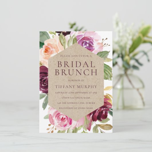 Burgundy Waterverf Wreath Vrijgezellenfeest Brunch Kaart (Staand voorkant)