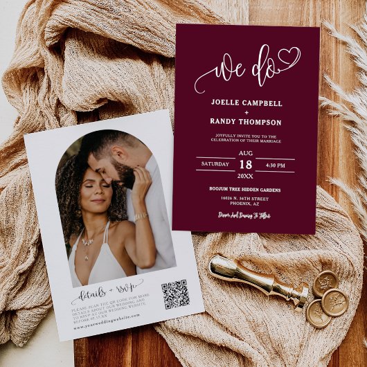 Burgundy We doen Boho Wedding QR Code Arch Foto Kaart