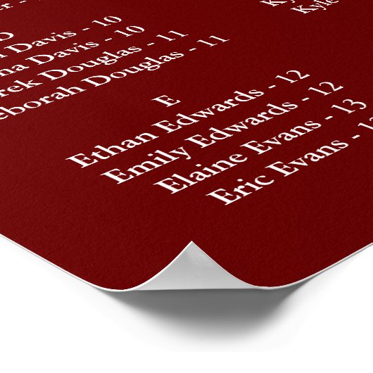 Burgundy Wedding Alphabetical Seating Chart Poster (Hoek)