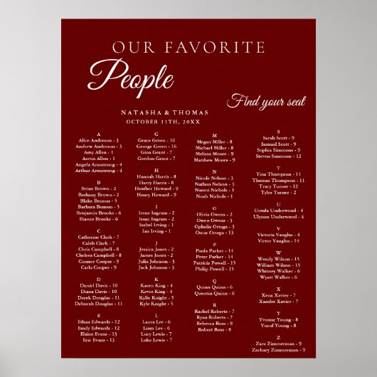 Burgundy Wedding Alphabetical Seating Chart Poster (Voorkant)