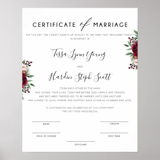 Burgundy Wedding Certificate of Marriage Poster (Voorkant)
