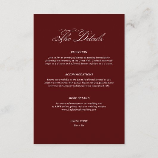 Burgundy Wedding Details Informatiekaartje (Voorkant)