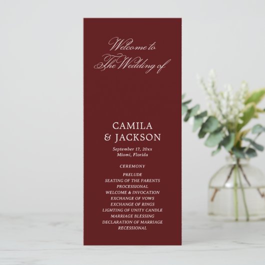 Burgundy Wedding Flat Program Kaart (Staand voorkant)