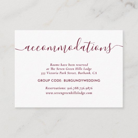 Burgundy Wedding Hotel Accommododatie Kaarten (Voorkant)