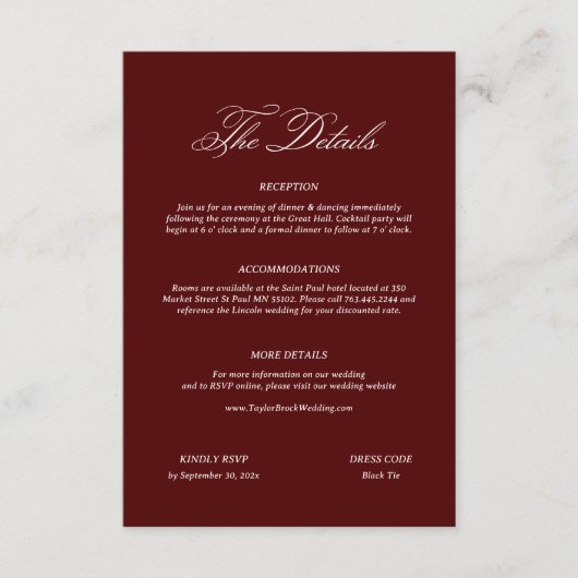 Burgundy Wedding Informatiekaartje (Voorkant)