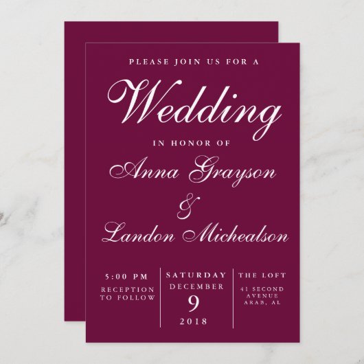 Burgundy Wedding Invitation Kaart (Voorkant / Achterkant)