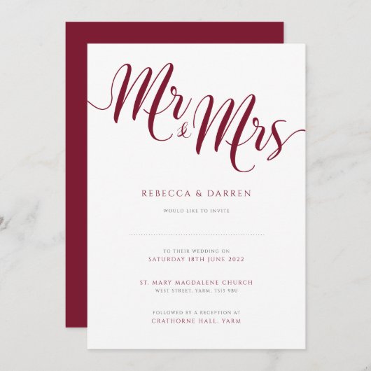 Burgundy Wedding Invitations Mr & Mrs Invites Kaart (Voorkant / Achterkant)