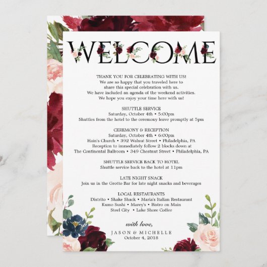 Burgundy Wedding Itinerary - Welkom Bachelorette Programmakaart (Voorkant / Achterkant)