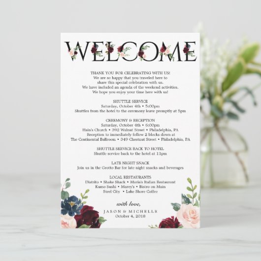 Burgundy Wedding Itinerary - Welkom Bachelorette Programmakaart (Staand voorkant)