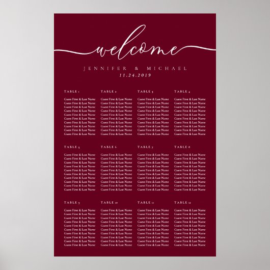 Burgundy Wedding Party Celebration Seat Welcome Poster (Voorkant)