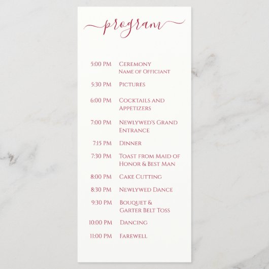 Burgundy Wedding Programmakaart (Achterkant)