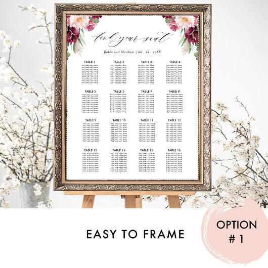 Burgundy Wedding Reception 16 Seating Chart Sign Poster