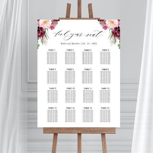 Burgundy Wedding Reception 16 Seating Chart Sign Poster