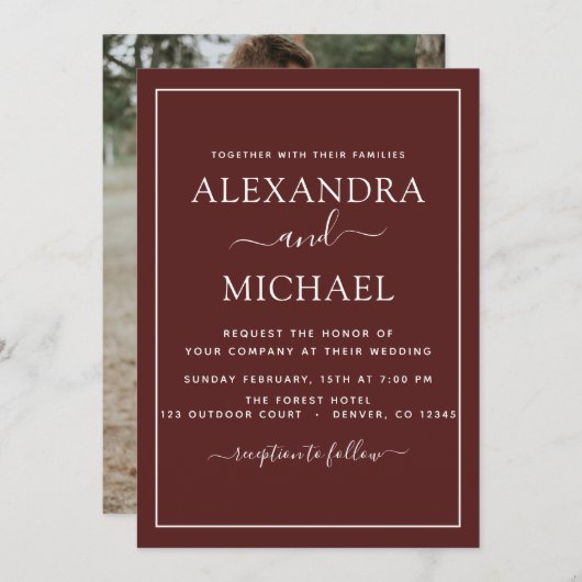 Burgundy Wedding Romantic Fotouitnodiging Kaart (Voorkant / Achterkant)