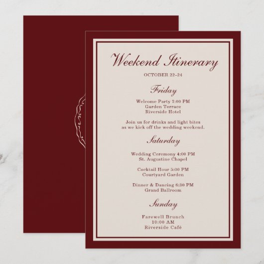 Burgundy Wedding Weekend Itinerary Card Kaart (Voorkant / Achterkant)