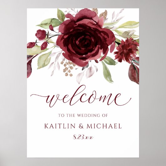 Burgundy Wedding Welcome Sign Wine Waterverf Poster (Voorkant)