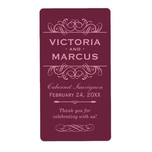 Burgundy Wedding Wine Bottle Monogram Favor Labels (Voorkant)