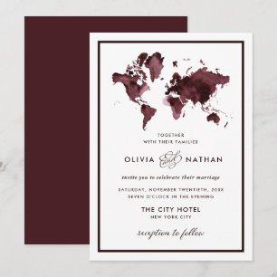 Burgundy-Wereldkaart   Elegant Travel Theme Wedden Kaart