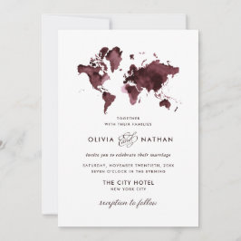 Burgundy-Wereldkaart | Elegant Travel Theme Wedden Kaart