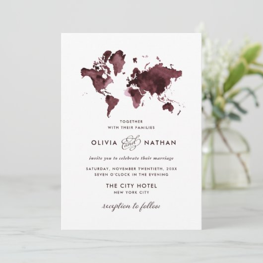 Burgundy-Wereldkaart | Elegant Travel Theme Wedden Kaart (Staand voorkant)
