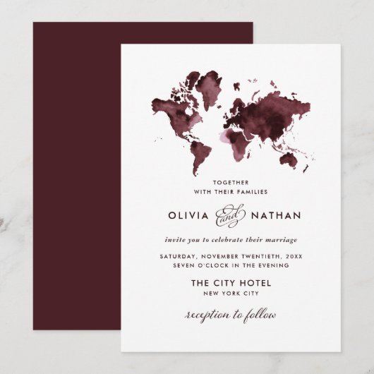 Burgundy-Wereldkaart | Elegant Travel Theme Wedden Kaart (Voorkant / Achterkant)