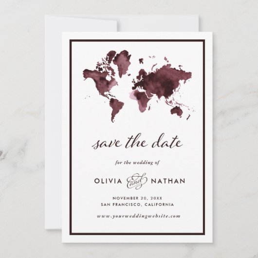 Burgundy-Wereldkaart | Elegant Travel Theme Wedden Save The Date (Voorkant)