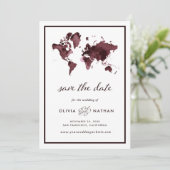 Burgundy-Wereldkaart | Elegant Travel Theme Wedden Save The Date (Staand voorkant)