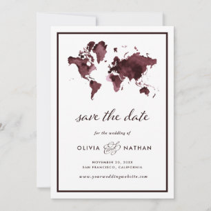 Burgundy-Wereldkaart Elegant Travel Theme Wedden Save The Date