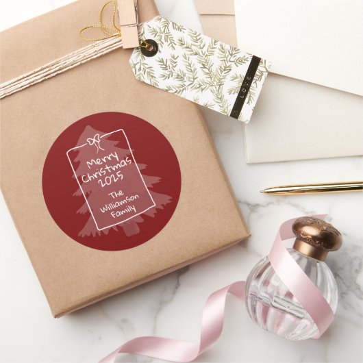 Burgundy Whimsical Doodle Christmas Tree Ronde Sticker (Geschenken)