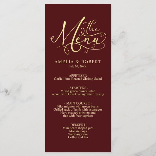 Burgundy Whimsical Elegant Gold Calligraphy Menu (Voorkant)
