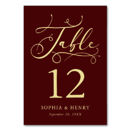 Burgundy Whimsical Gold Calligraphy Table Number Kaart