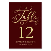 Burgundy Whimsical Gold Calligraphy Table Number Kaart (Achterkant)