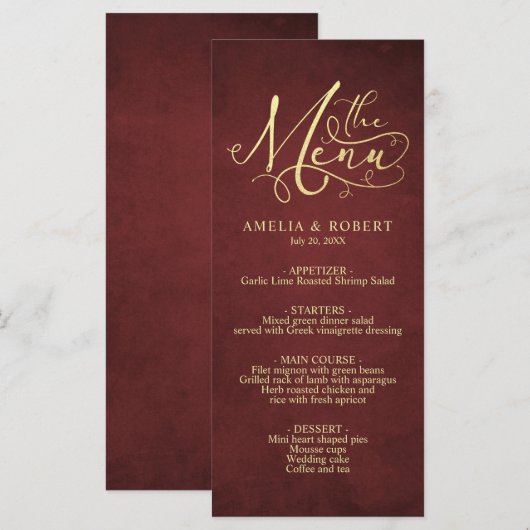 Burgundy Whimsical Parchment Gold Calligrafie Menu (Voorkant / Achterkant)