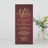 Burgundy Whimsical Parchment Gold Calligrafie Menu (Staand voorkant)