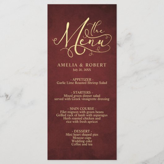 Burgundy Whimsical Parchment Gold Calligrafie Menu (Voorkant)