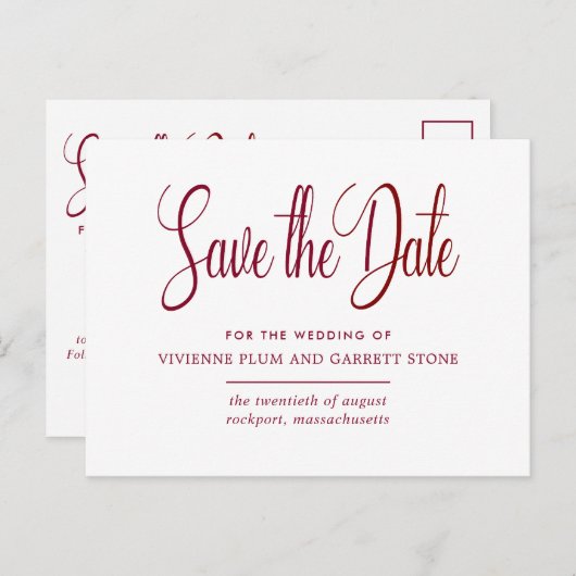 Burgundy & White Calligraphy Wedding Save the Date Uitnodiging Briefkaart (Voorkant / Achterkant)