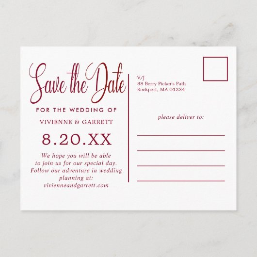 Burgundy & White Calligraphy Wedding Save the Date Uitnodiging Briefkaart (Achterkant)