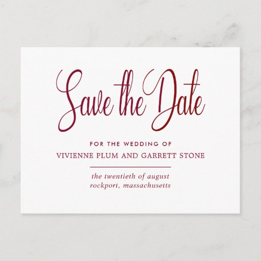 Burgundy & White Calligraphy Wedding Save the Date Uitnodiging Briefkaart (Voorkant)