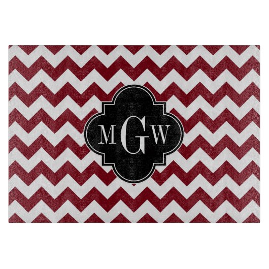 Burgundy White Chevron Black Quatrefoil 3 Monogram Snijplank (Voorkant)
