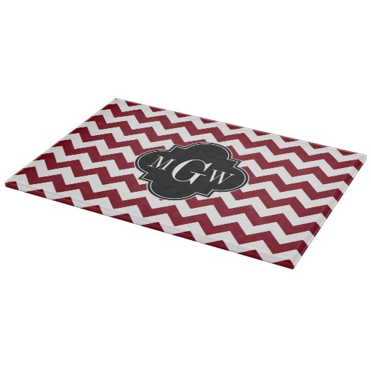 Burgundy White Chevron Black Quatrefoil 3 Monogram Snijplank (Hoek)